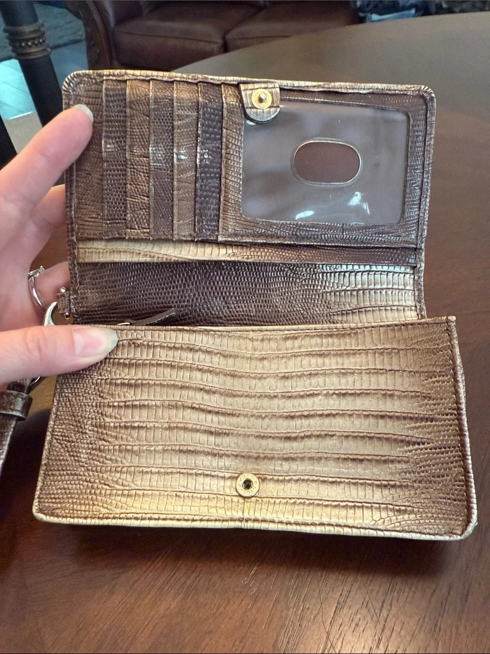 Brahmin Champagne Metallic Lizard-Embossed Wristlet Clutch